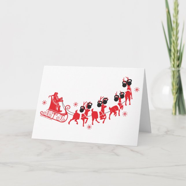 Santa & Reindeer Kettlebell Merry Christmas Card (Front)