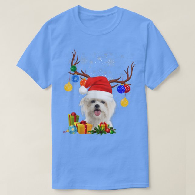 Santa Reindeer Maltese Dog Christmas Lights Xmas  T-Shirt (Design Front)
