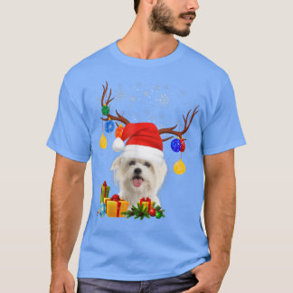 Santa Reindeer Maltese Dog Christmas Lights Xmas  T-Shirt