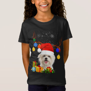 Santa Reindeer Maltese Dog Christmas Lights Xmas T-Shirt