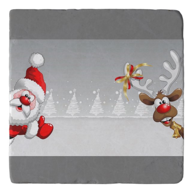 Santa & reindeer marble trivet. trivet (Front)