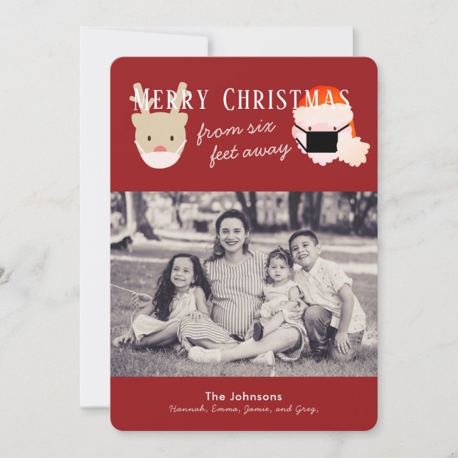 Santa & Reindeer Mask Red Christmas Photo Card (Front)