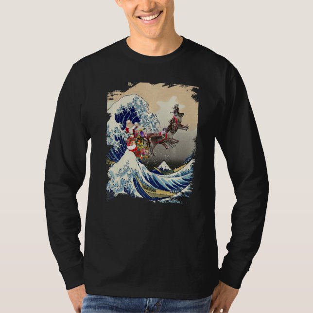 Santa Reindeer Over Great Wave Christmas T-Shirt (Front)