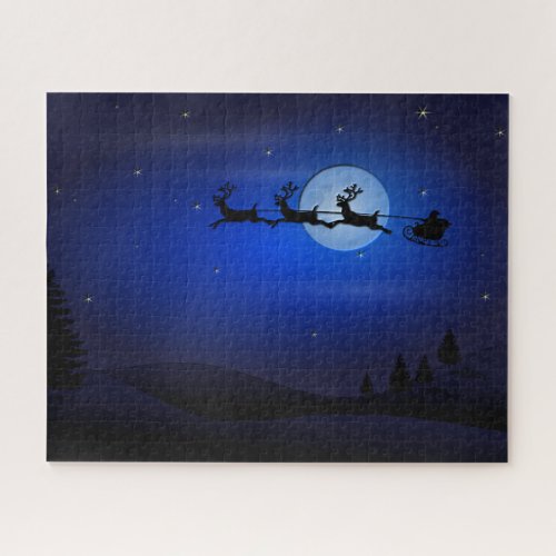 Santa Reindeer Over Moon in Blue Jigsaw Puzzle