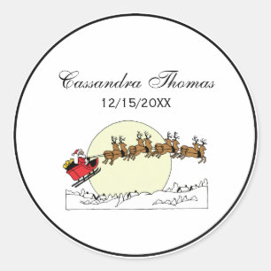 Santa Reindeer Over Snow Covered Town Lt Moon Classic Round Sticker