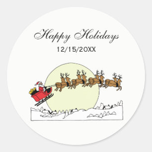 Santa Reindeer Over Snow Covered Town Lt Moon Classic Round Sticker