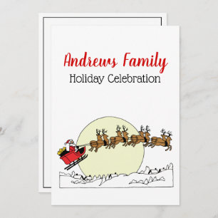 Santa Reindeer Over Snow Covered Town Lt Moon Invitation