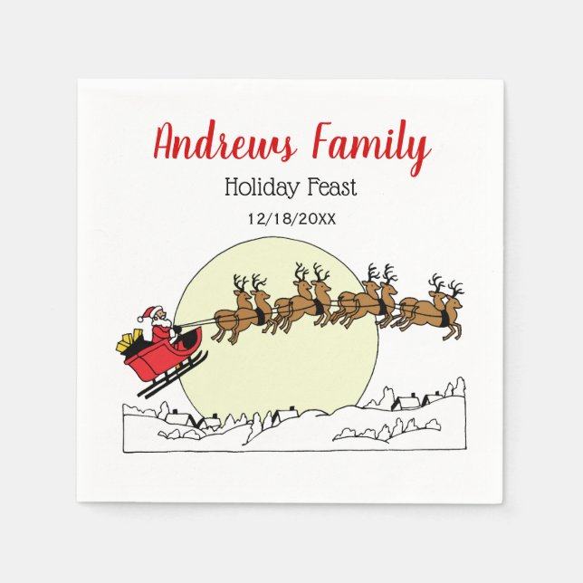 Santa Reindeer Over Snow Covered Town Lt Moon Paper Napkins (Front)