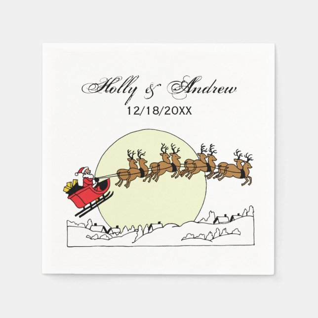 Santa Reindeer Over Snow Covered Town Lt Moon Paper Napkins (Front)