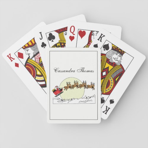 Santa Reindeer Over Snow Covered Town Lt Moon Playing Cards