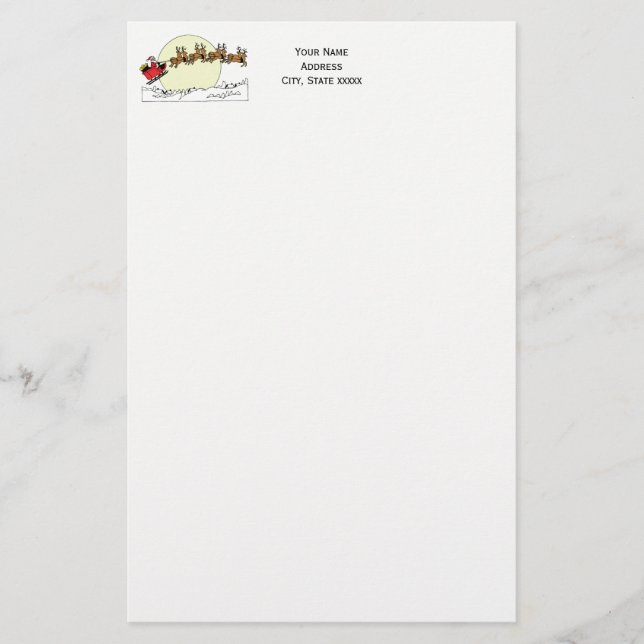 Santa Reindeer Over Snow Covered Town Lt Moon Stationery (Front)