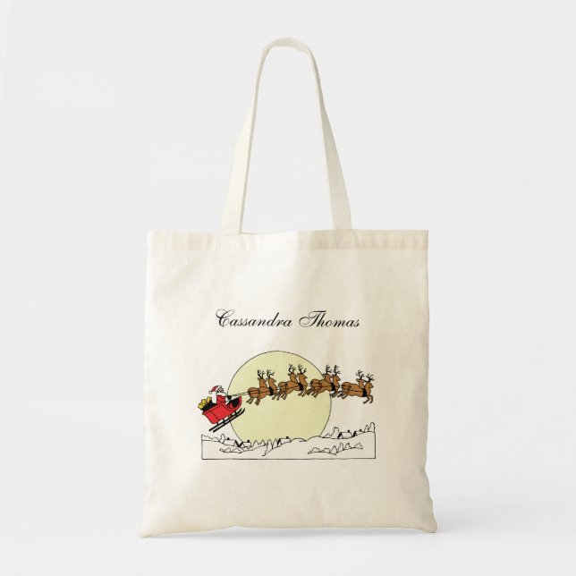 Santa Reindeer Over Snow Covered Town Lt Moon Tote Bag (Front)