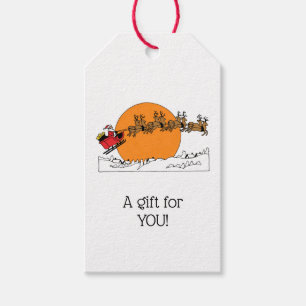 Santa Reindeer Over Snow Covered Town Moon Gift Tags