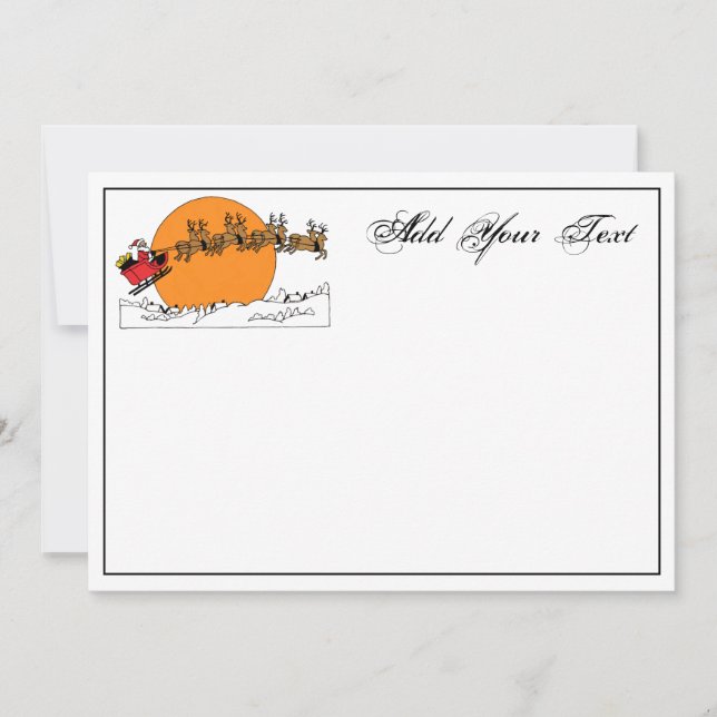 Santa Reindeer Over Snow Covered Town Moon Holiday Card (Front)