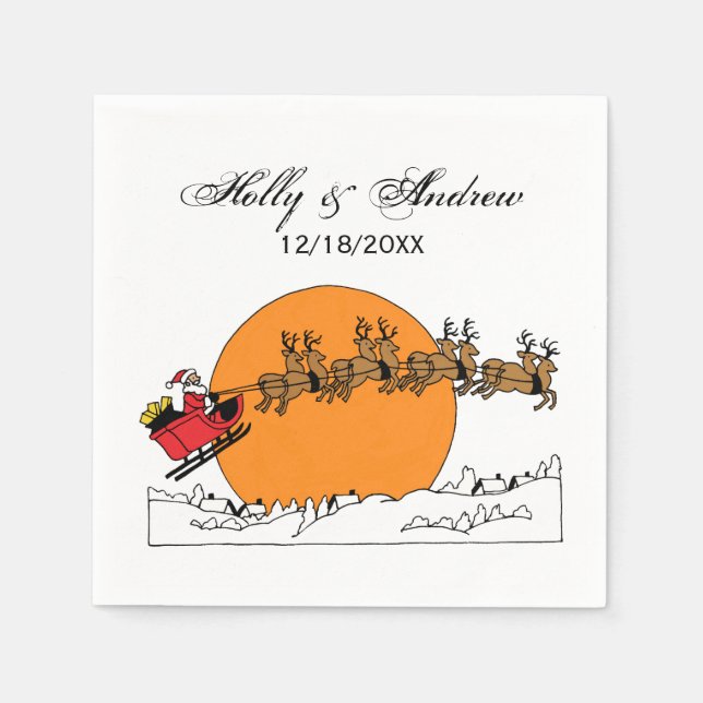 Santa Reindeer Over Snow Covered Town Moon Napkins (Front)