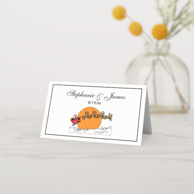 Santa Reindeer Over Snow Covered Town Moon Place Card (Front)