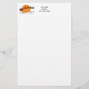 Santa Reindeer Over Snow Covered Town Moon Stationery