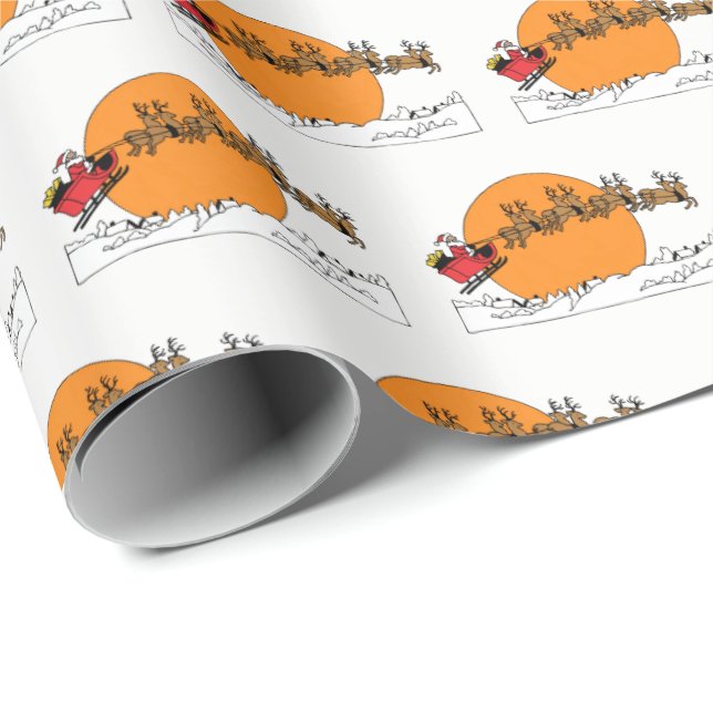 Santa Reindeer Over Snow Covered Town Moon Wrapping Paper (Roll Corner)