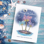 Santa Reindeer Palm Tree Tropical Christmas Holiday Card<br><div class="desc">Tropical,  beach theme Christmas card features a sparkling "sand" island,  palm trees decked out in string lights,  and Santa and reindeer flying across the magical night sky,  back-lit by the moon and stars. Artwork by KL Stock.</div>