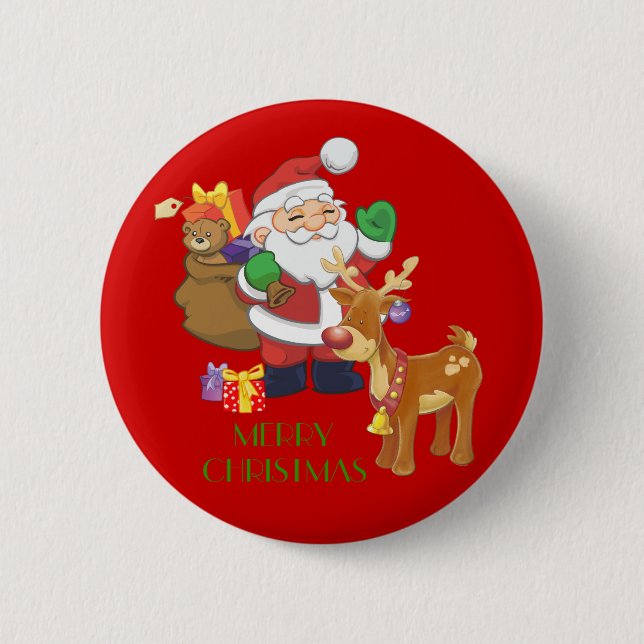 Santa & Reindeer Pinback Button (Front)