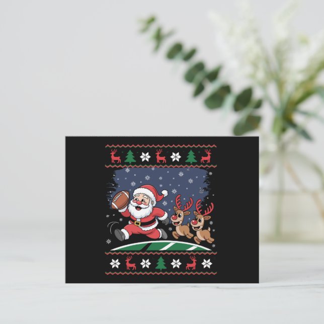 Santa Reindeer Play American Football Ugly Xmas Holiday Postcard (Standing Front)