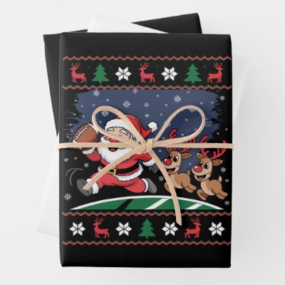 Santa Reindeer Play American Football Ugly Xmas Wrapping Paper Sheets