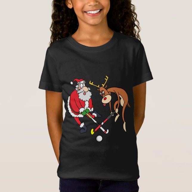 Santa Reindeer Playing Field Hockey Player Xmas Fu T-Shirt (Front)