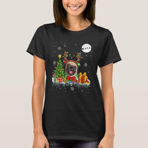 Santa Reindeer Pug Tree Lights Dog Owner T-Shirt