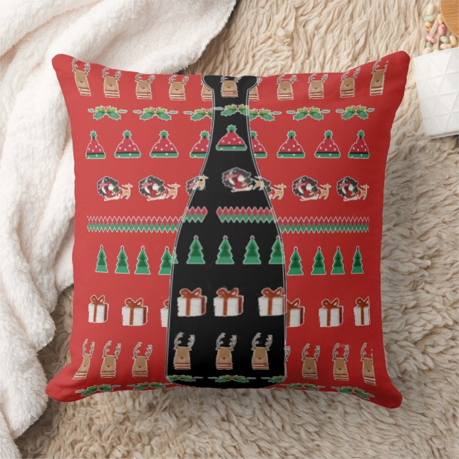 Santa Reindeer Red Green Black Champagne Bottle Throw Pillow (Blanket)