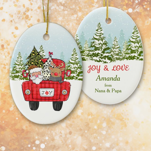 Santa Reindeer Red Truck Winter Forest Kids Ceramic Ornament (Creator Uploaded)