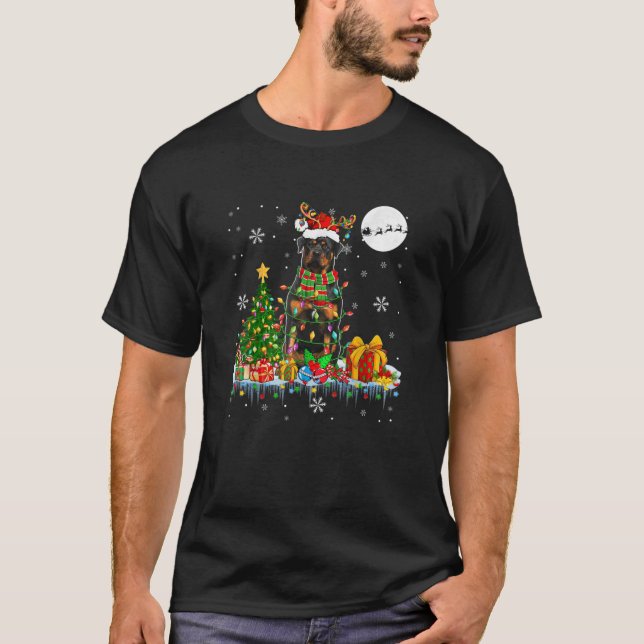Santa Reindeer Rottweiler Christmas Tree Lights Do T-Shirt (Front)