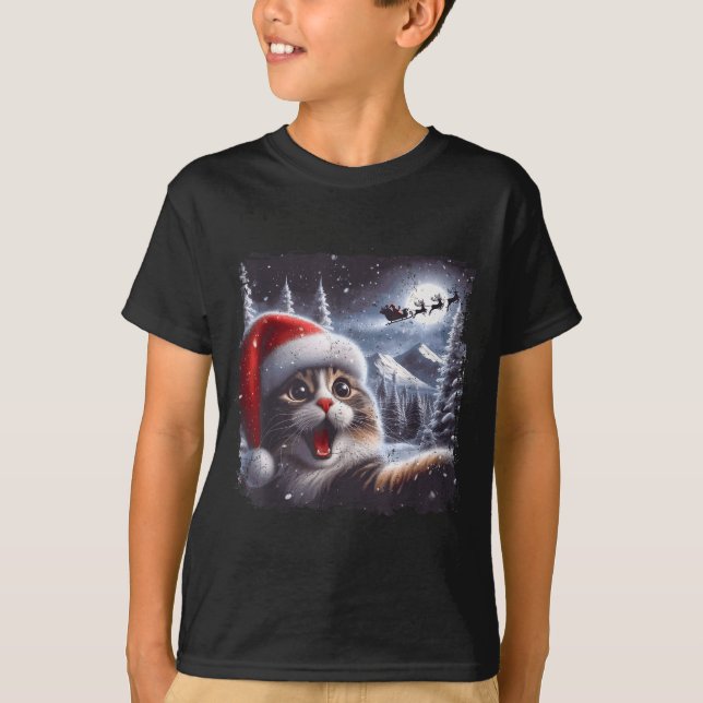 Santa Reindeer Selfie Cat Funny Christmas Tee  (Front)