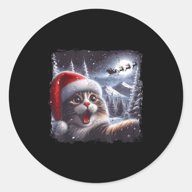 Santa Reindeer Selfie Cat Funny Christmas Tee  Classic Round Sticker (Front)