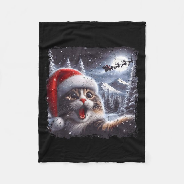 Santa Reindeer Selfie Cat Funny Christmas Tee  Fleece Blanket (Front)