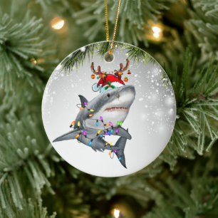 Santa Reindeer Shark Gift For Shark Lover Ceramic Ornament