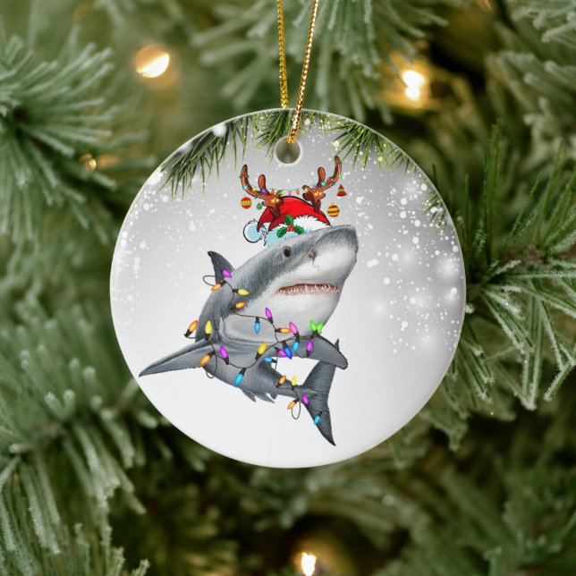 Santa Reindeer Shark Gift For Shark Lover  Ceramic Ornament (Tree)