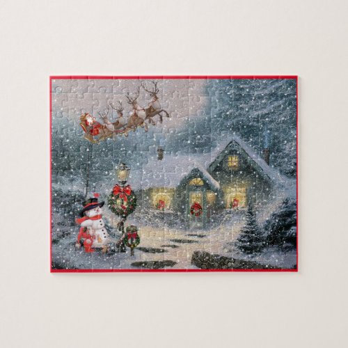 Santa Reindeer Sleigh Christmas Eve Snowing Jigsaw Puzzle