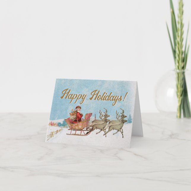 Santa Reindeer Sleigh Happy Holidays Christmas Old Holiday Card (Front)