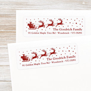 Santa Reindeer Sleigh Red Christmas Return Address Label