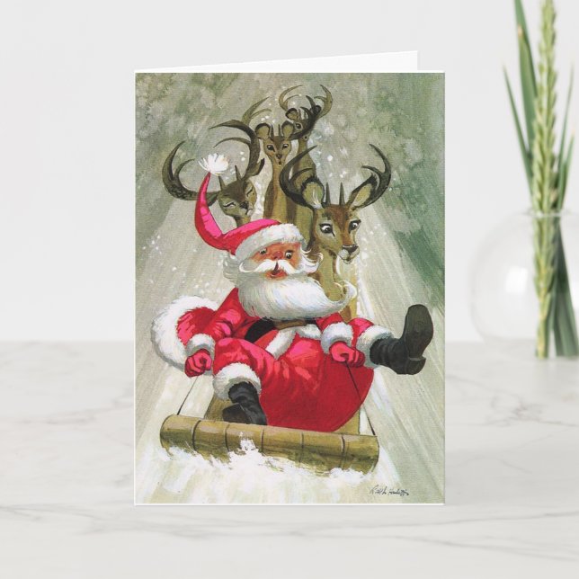 Santa & Reindeer Sleigh Riding Modern Vintage Holi Card (Front)