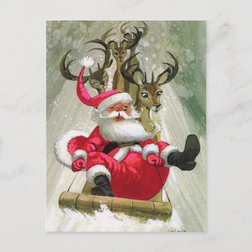 Santa  Reindeer Sleigh Riding Modern Vintage Holiday Postcard