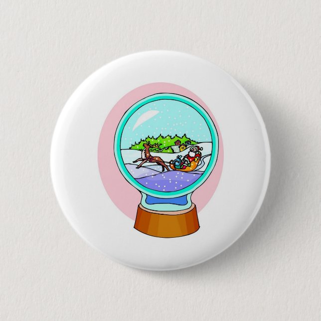 Santa Reindeer Snow Globe Button (Front)
