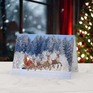 Santa Reindeer Snow Pine Trees Add Names Holiday Card