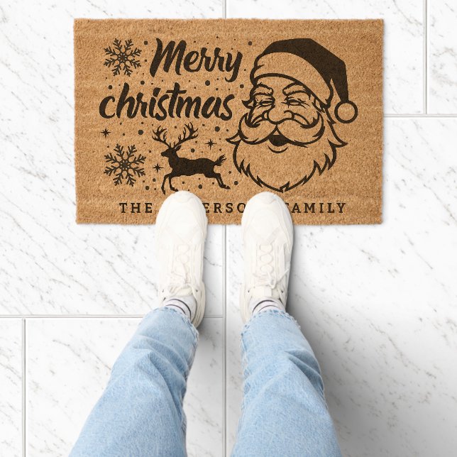 Santa Reindeer Snowflakes Merry Christmas Custom Fiber Doormat (Insitu)