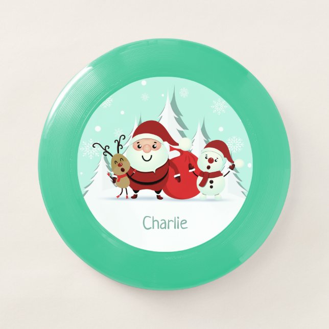 Santa, Reindeer & Snowman custom name frisbee (Front)