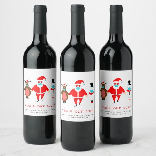 Santa Reindeer Snowman Face Mask Peace Out 2020 Wine Label