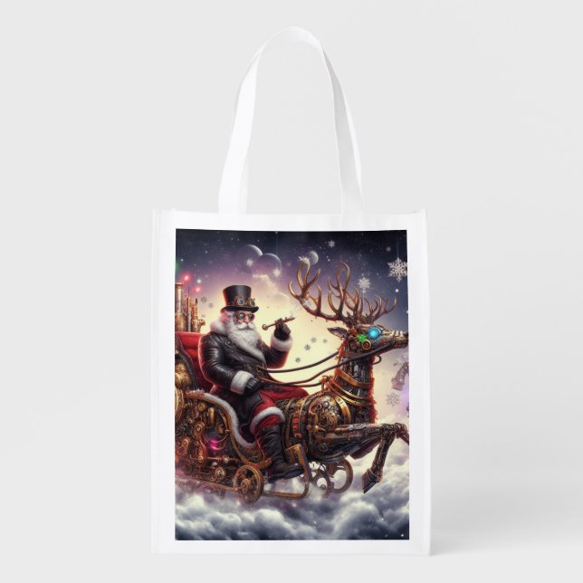 Santa/Reindeer steampunk Christmas/winter Grocery Bag (Front)