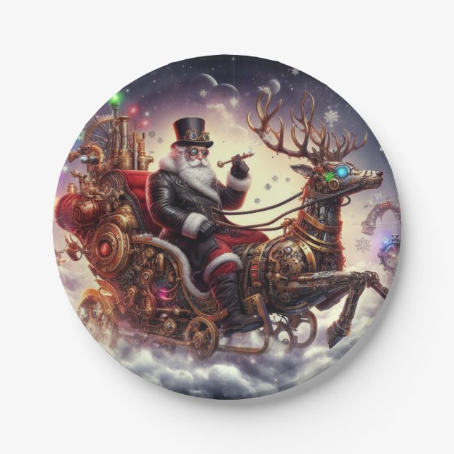 Santa/Reindeer steampunk Christmas/winter Paper Plates (Front)