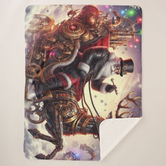 Santa/Reindeer steampunk Christmas/winter Sherpa Blanket (Front)