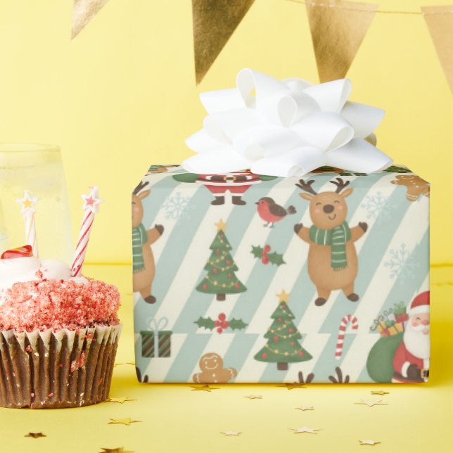 Santa & Reindeer Striped Christmas Wrapping Paper (Birthday Party)